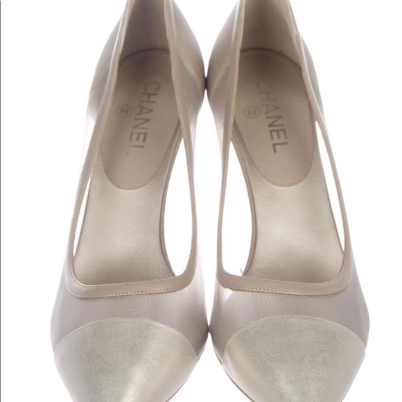 Champagne Mesh & Leather Mix Chanel pumps size 41.5 (US 10.5) - Picture 3 of 10
